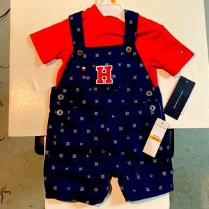 Tommy Hilfiger red shirt blue overalls two piece 12 months baby
